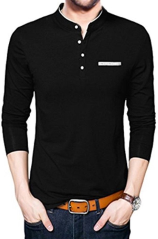 Solid Men Mandarin Collar Black T-Shirt Price in India