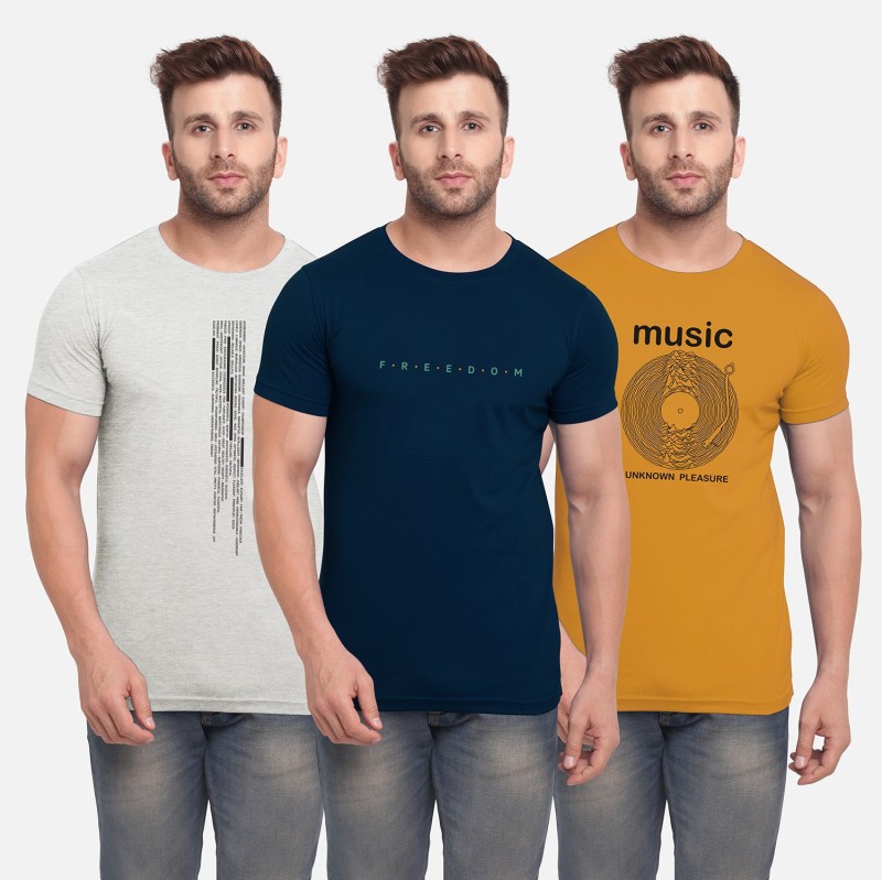 Printed Men Round Neck Multicolor T-Shirt Price in India