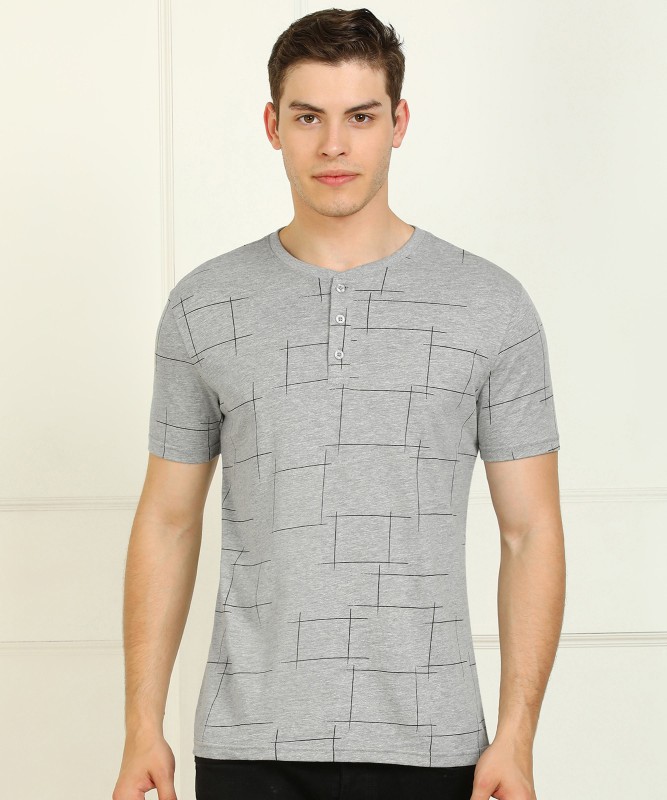 Printed Men Henley Neck Grey T-Shirt Price in India