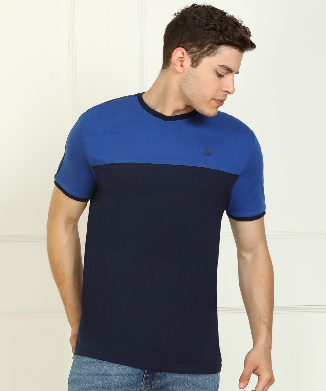 Color Block Men Round Neck Blue T-Shirt Price in India