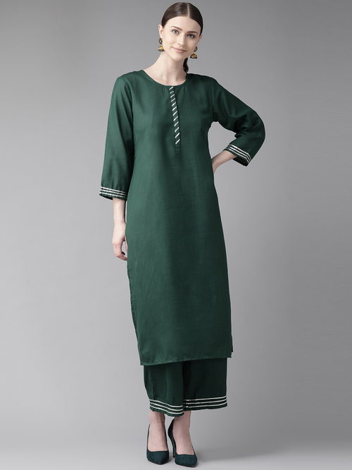 Bhama Couture Green Cotton Kurta Palazzo Set Price in India