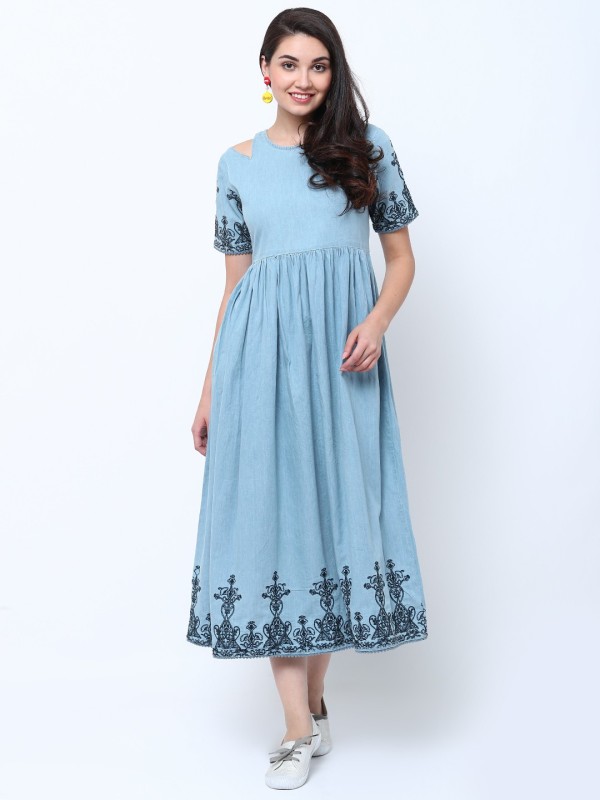 Women Fit and Flare Light Blue Dress Price in India