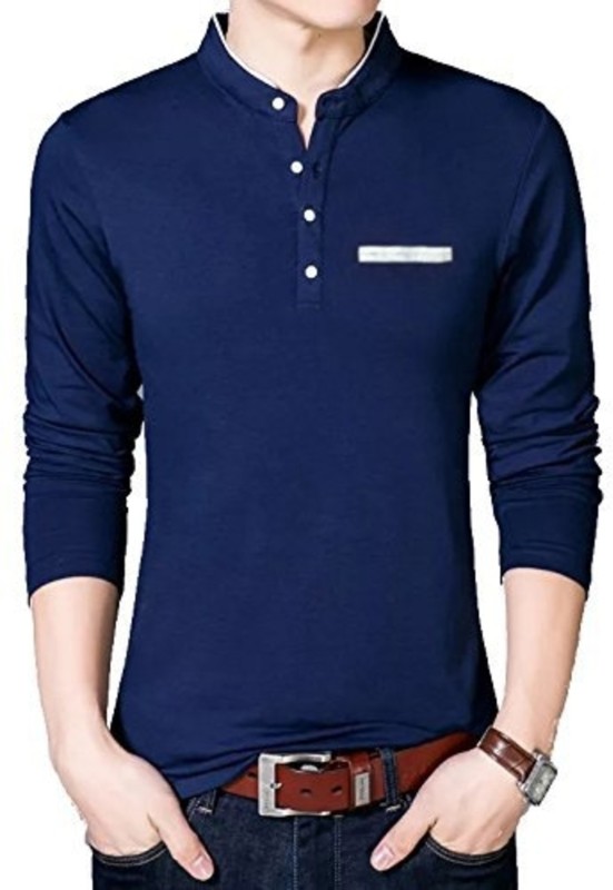 Solid Men Mandarin Collar Dark Blue T-Shirt Price in India