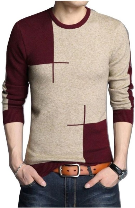 Color Block Men Round Neck Maroon T-Shirt Price in India