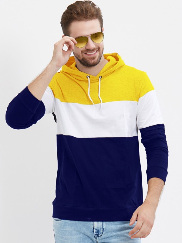 Color Block Men Hooded Neck White, Blue, Yellow T-Shirt Price in India