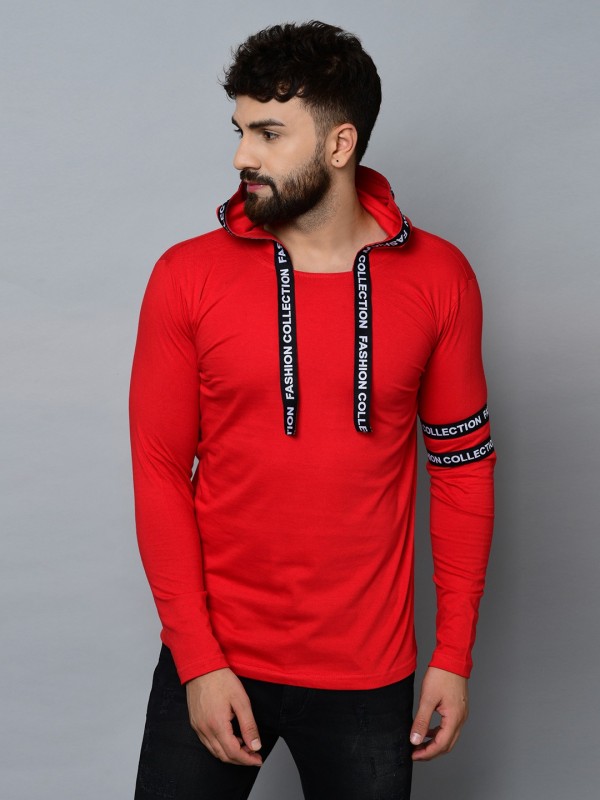 Typography Men Hooded Neck Red T-Shirt Price in India