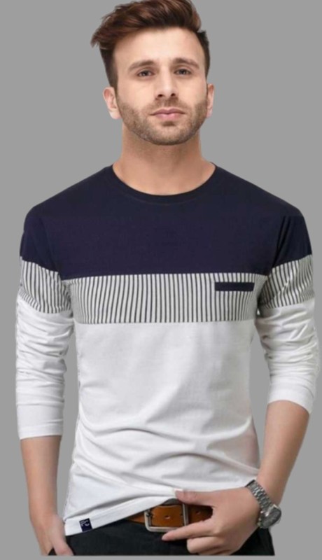 Striped Men Round Neck White, Blue T-Shirt Price in India