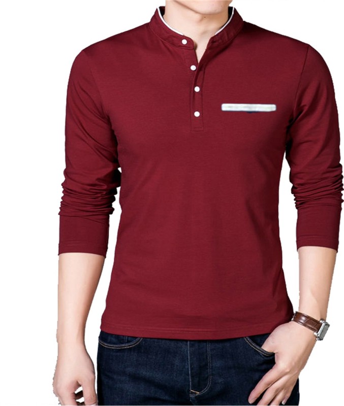 Solid Men Mandarin Collar Maroon T-Shirt Price in India