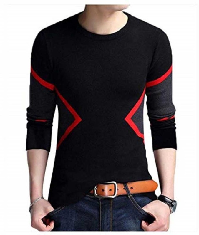 Color Block Men Round Neck Black T-Shirt Price in India