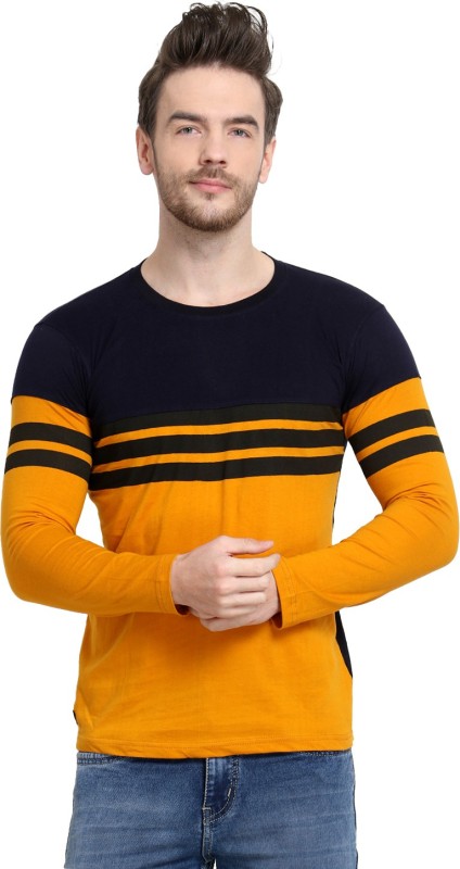 Striped Men Round Neck Black, Yellow T-Shirt Price in India