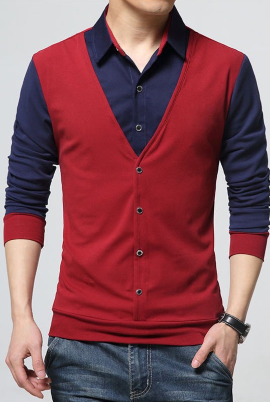 Color Block Men Polo Neck Maroon, Blue T-Shirt Price in India