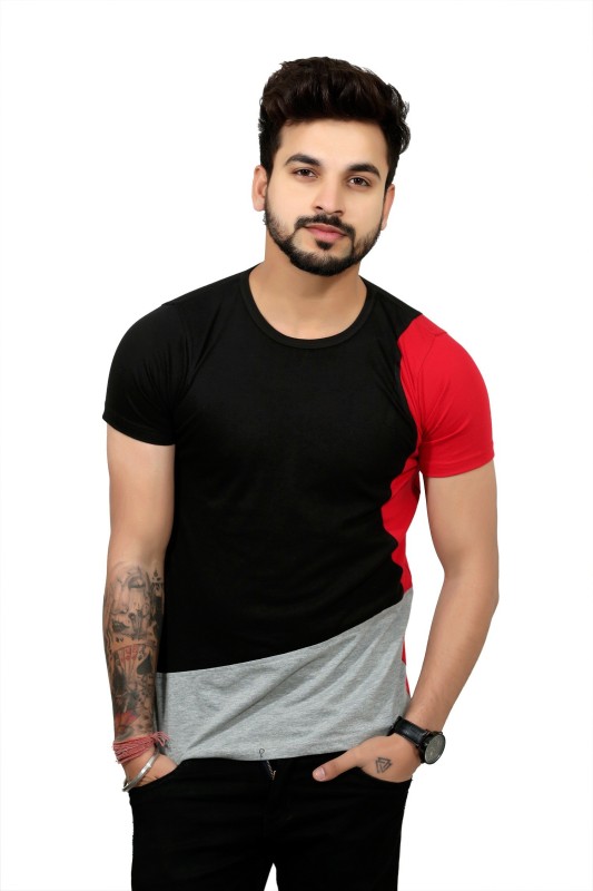 Color Block Men Round Neck Grey T-Shirt Price in India