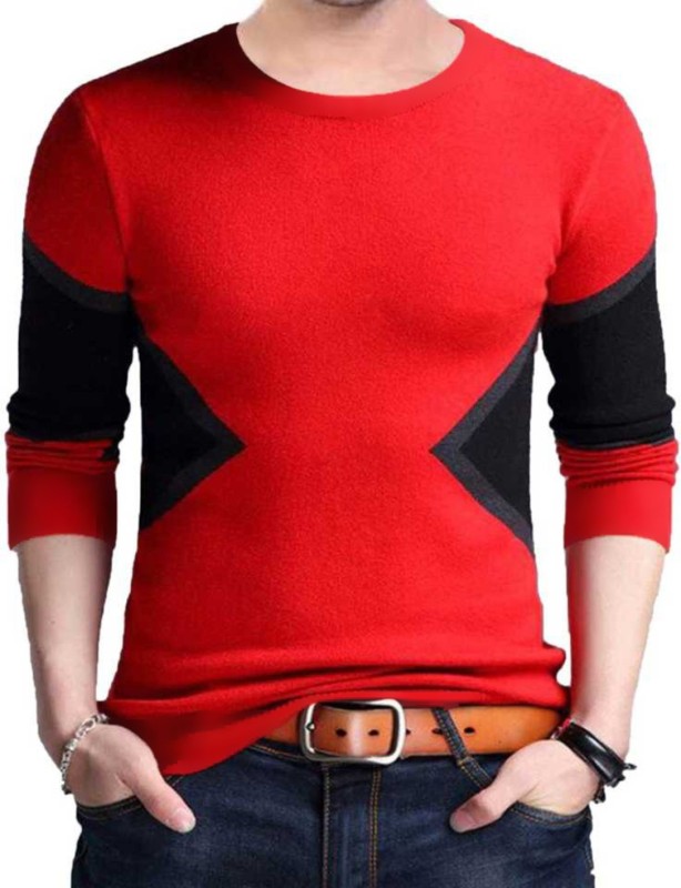 Color Block Men Round Neck Red T-Shirt Price in India