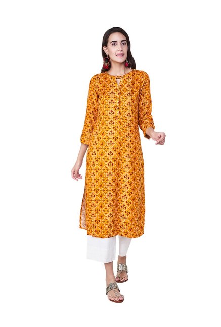 Global Desi Mustard Floral Print Kurta Price in India