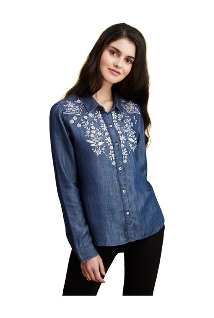 Label Ritu Kumar Blue Embroidered Shirt Price in India