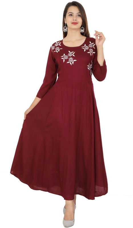 Women Embroidered Cotton Rayon Blend Straight Kurta Price in India