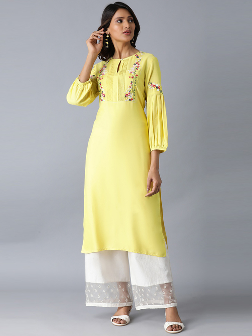 W Yellow Embroidered Straight Kurta Price in India