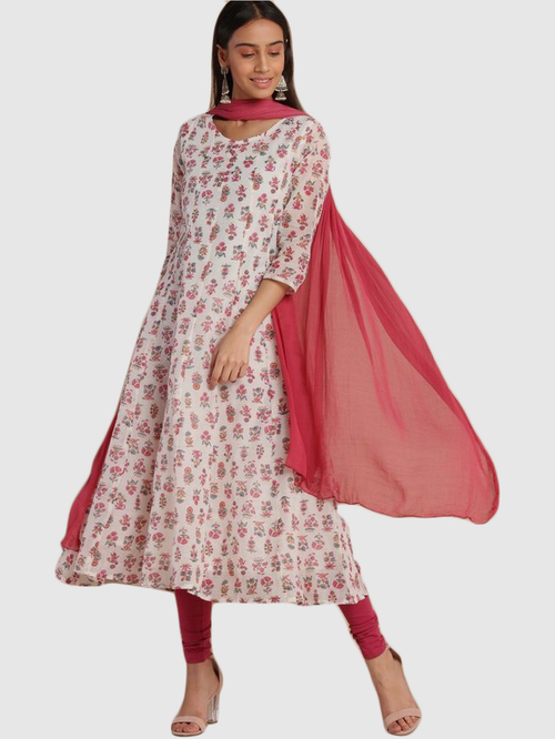 Imara White & Pink Floral Print Kurta Leggings Set With Dupatta Price in India