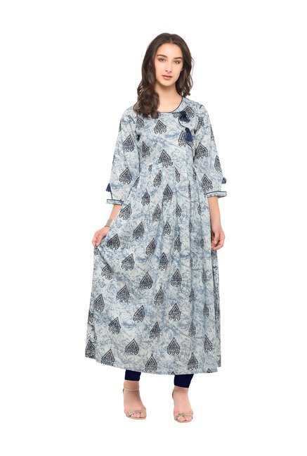 Inddus Off-White & Blue Cotton Printed A Line Kurti Price in India