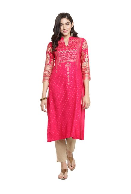 Varanga Fuchsia & Beige Viscose Rayon Kurta With Pants Price in India