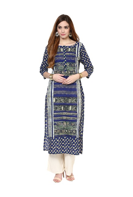 Jaipur Kurti Blue Printed Cotton Kurta Price in India