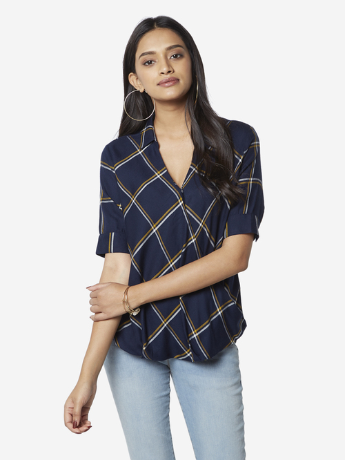 LOV by Westside Navy Checked High-Low Lynne Top Price in India