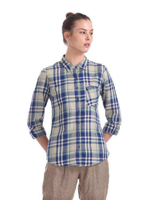 U.S. Polo Assn. Blue & Beige Checks Shirt Price in India