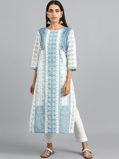 W Blue & White Cotton Printed Straight Kurti Price in India