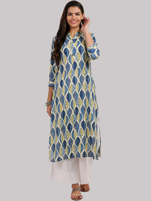 KSUT Beige & Blue Printed Straight Kurti Price in India