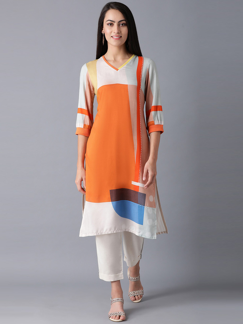 W Orange Printed Straight Kurta Price in India