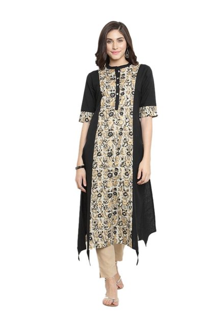 Varanga Black & Beige Cotton Blend Kurta With Pants Price in India