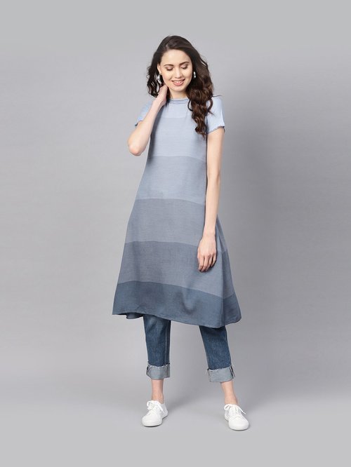 Inddus Blue Striped A Line Kurti Price in India