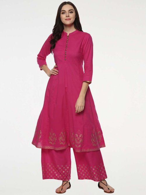 Bhama Couture Pink Cotton Printed Kurti Palazzo Set Price in India