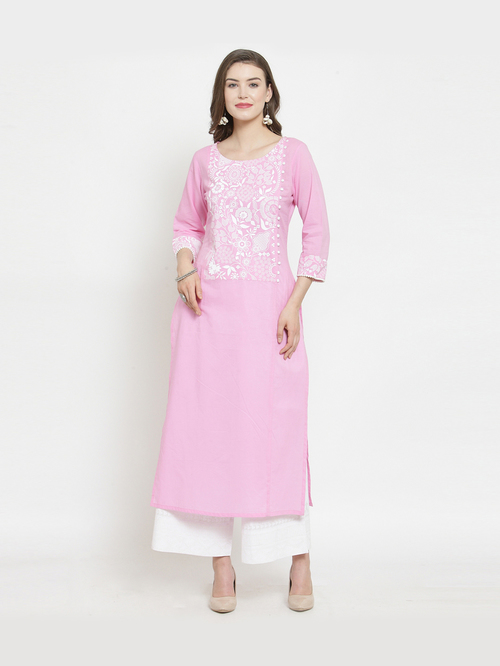 Varanga Pink & White Cotton Floral Print Kurti Palazzo Set Price in India