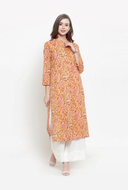 Varanga Peach & White Floral Print Kurti Palazzo Set Price in India