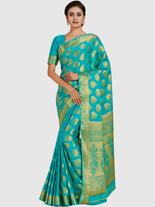 Mimosa Cyan Blue Woven Sarees With Blouse Price in India