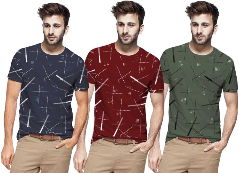 Printed Men Round Neck Multicolor T-Shirt Price in India