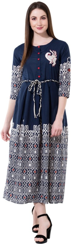 Women Printed, Embroidered Cotton Blend Flared Kurta Price in India