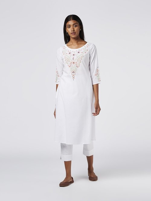 Okhai White Daivika Pure Cotton Hand  Embroidered Straight Kurti Price in India