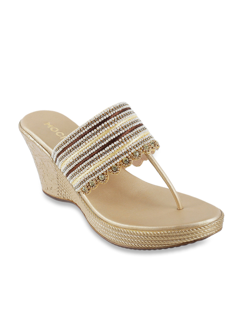 Mochi Golden T-Strap Wedges Price in India