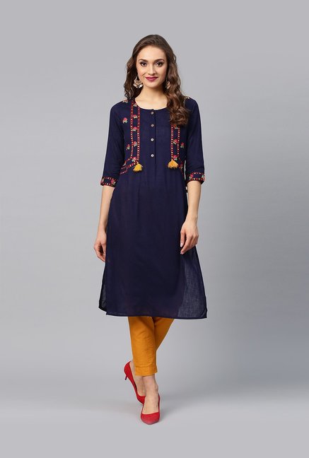 Juniper Navy Embroidered Straight Kurti Price in India