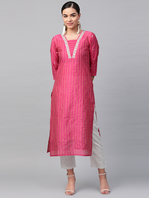 KSUT Fuchsia & Off-White Striped Kurta Pant Set Price in India