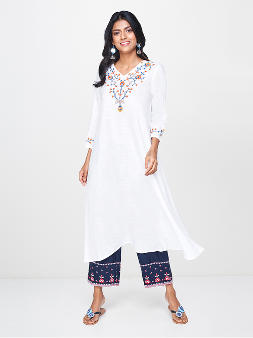 Global Desi Off White Embroidered Kurta Price in India