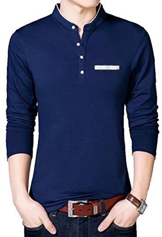 Solid Men Mandarin Collar White, Blue T-Shirt Price in India