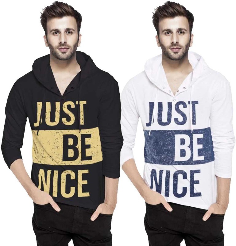 Printed Men Hooded Neck White, Black T-Shirt Price in India