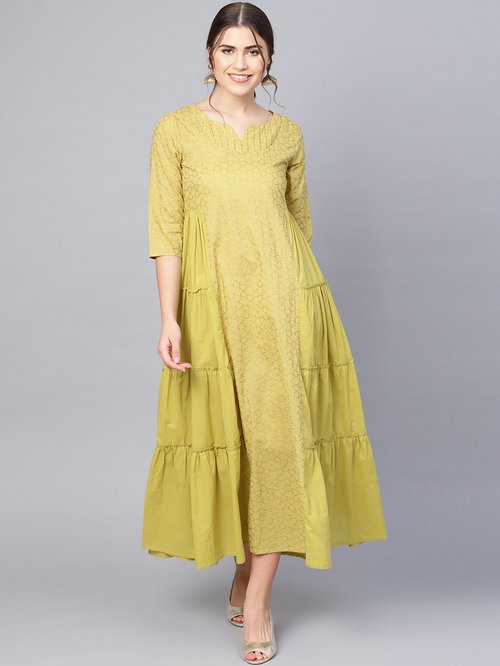 Juniper Green Cotton Printed A Line Kurti Price in India