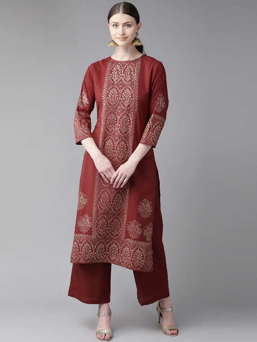 Bhama Couture Maroon Cotton Printed Kurta Palazzo Set Price in India