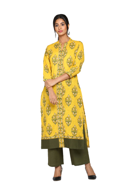 Soch Yellow & Green Cotton Printed Kurti Pant Set Price in India