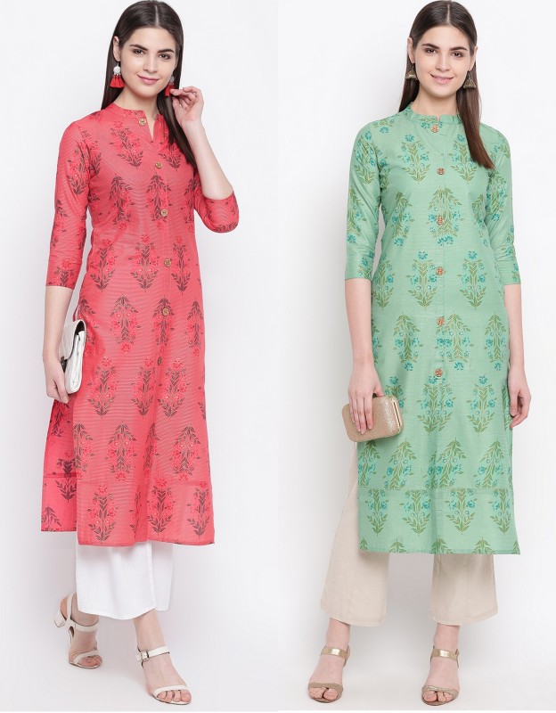 Women Printed Cotton Blend Straight Kurta Price in India