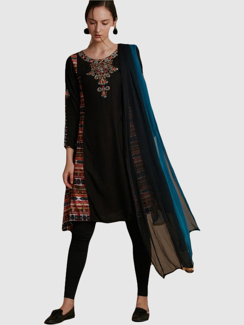 Imara Black Cotton Printed Kurta Leggings Set With Dupatta Price in India